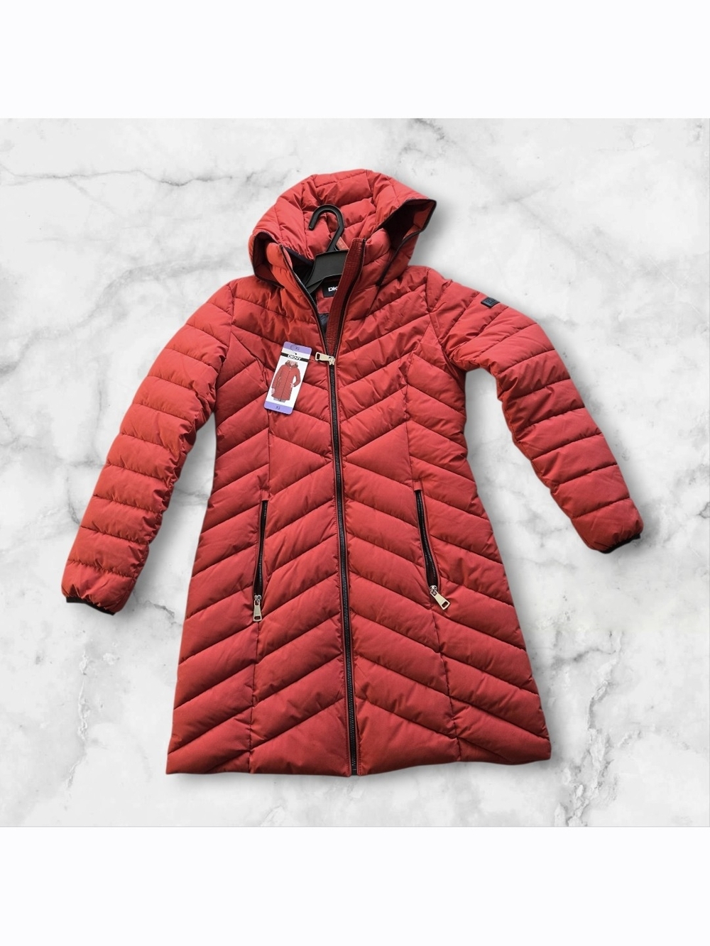 DKNY Red Quilted Hooded Long Puffer Coat